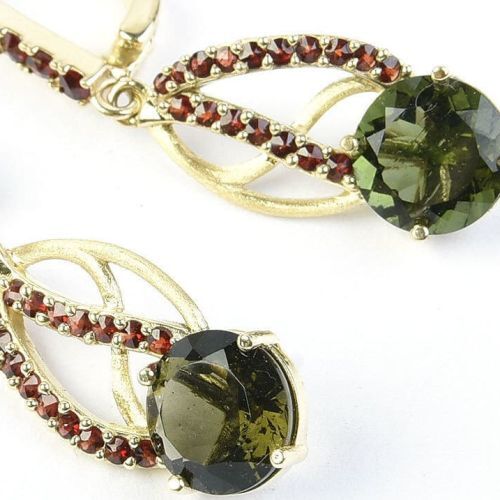Moldavite faceted gold 14k earrings with garnets